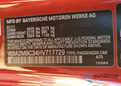 2017 BMW 230Xi from USA, damaged, VIN WBA2M9C34HV717729